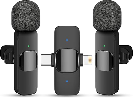 2 in 1 Wireless Lavalier Microphone for iPhone iPad and Android Phone, Plug and Play Laple Mics with Noise Reduction, 65FT Range, Real-Time Sync Microphone for Video Recording, Streaming, Interviews