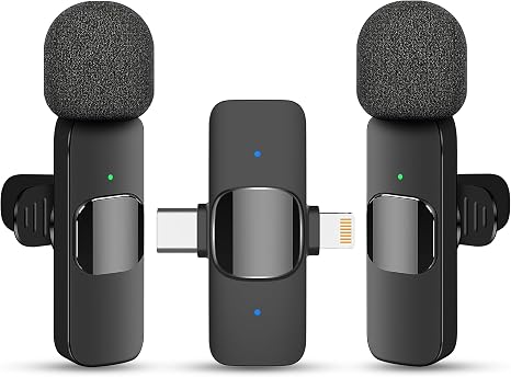 2 in 1 Wireless Lavalier Microphone for iPhone iPad and Android Phone, Plug and Play Laple Mics with Noise Reduction, 65FT Range, Real-Time Sync Microphone for Video Recording, Streaming, Interviews