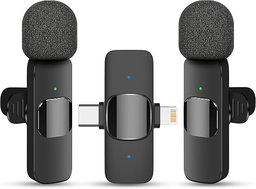 2 in 1 Wireless Lavalier Microphone for iPhone iPad and Android Phone, Plug and Play Laple Mics with Noise Reduction, 65FT Range, Real-Time Sync Microphone for Video Recording, Streaming, Interviews