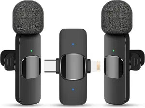 2 in 1 Wireless Lavalier Microphone for iPhone iPad and Android Phone, Plug and Play Laple Mics with Noise Reduction, 65FT Range, Real-Time Sync Microphone for Video Recording, Streaming, Interviews