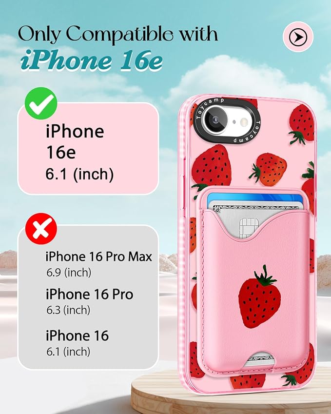 Toycamp for iPhone 16e Case 6.1 Inch - Compatible with Magsafe Credit Card Holder Wallet Magnetic Cute Women Teen Girls Kawaii Girly Unique Strawberry Design Phone Cover for iPhone 16e