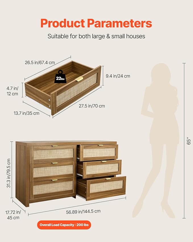 VEVOR Large Dresser for Bedroom, 57" Wide Rattan Dresser 6 Drawer, Wooden Modern Dressers Chest of Drawers with Metal Handle, Clothes Closet Storage Organizer Boho TV Stand for Living Room, Walnut Oak