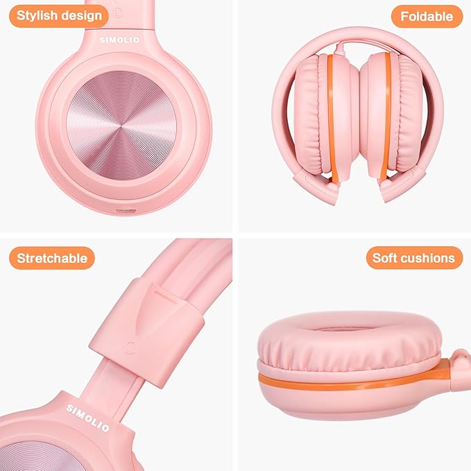 SIMOLIO Wired Headphones with Mic & Volume Limited, Noise Isolating Kids Plug in Headphones for Girls, Laptop, Tablet, w/Share Port and Portable Pouch (Pink)