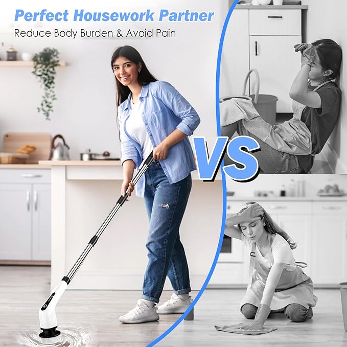 Electric Spin Scrubber, IPX7 Waterproof Cordless Cleaning Brush with 8 Replaceable Brush Heads, 2 Speed Shower Scrubber with Long Handle for Bathroom Tub Tile Floor