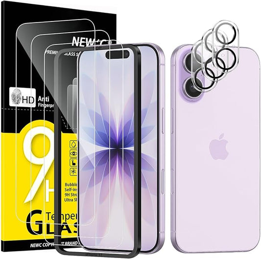 NEW'C 3x Screen Protector for iPhone 17 (6.3 inches)+ 3x Camera Lens Protector, Sensor Protection, Case Friendly Tempered Glass Film, Ultra Resistant, Easy installation tool include