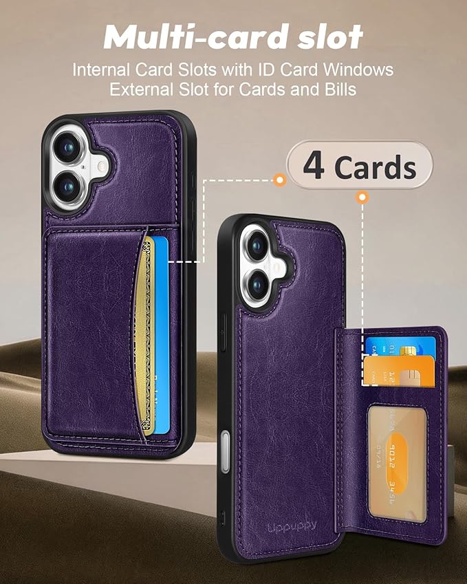 for iPhone 16 Plus Case with Wallet - Fits 4 Card Slots, Compatible with MagSafe for Women Aesthetic Durable PU Leather Credit Card Holder Kickstand Phone Cover for Apple 16 Plus, Purple