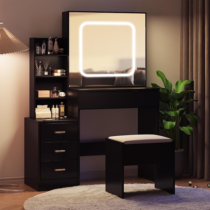 Vanity Desk with Sliding LED Mirror, Makeup Dressing Table with 4 Drawers, Storage Shelves, Power Outlet & Cushioned Stool, Adjustable 3 Lighting Modes, Modern Vanity Set for Bedroom, Black