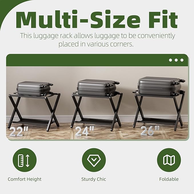 Luggage Rack, Set of 2, Folding Suitcase Stand with Storage Shelf, Premium Bamboo Luggage Holder for Guest Room, Bedroom, Hotel, Closet, Holds up to 135 lb (Black)