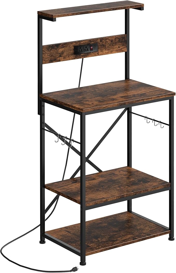 Shintenchi Bakers Rack with Power Outlet, Kitchen Organizer and Storage with 6 Hooks, Microwave Oven Stand, Kitchen Shelf for Spice, Coffee Station, Coffee Bar Table (Vintage Brown)