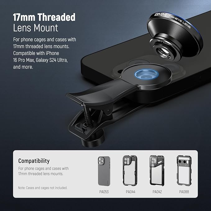 NEEWER 8mm Fisheye Lens with 220 Wide Angle & 17mm Thread Phone Lens Clip, Also for 17mm Threaded Phone Cage/Case/Clamp/Backplate, LS-29 PRO