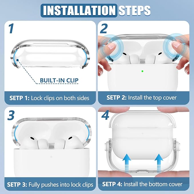 for Airpods Pro 3 Case Clear,Safety Lock Cases for Apple Airpod Pro 3 Case 2025 with Phone Stand & Cleaner Kit,Drop Protection Air pods Pro3 Cover for Men Women with Keychain,Clear+White