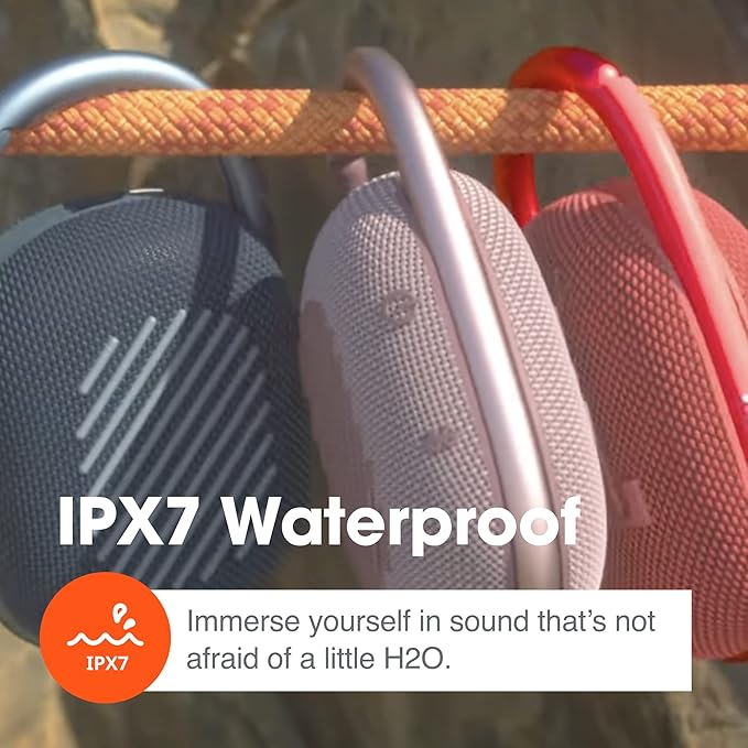 JBL Clip 4 - Portable Mini Bluetooth Speaker, big audio and punchy bass, integrated carabiner, IP67 waterproof and dustproof, 10 hours of playtime, speaker for home, outdoor and travel (White)