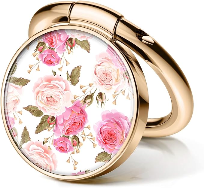 Cell Phone Ring Holder, Cute Metal Phone Grip Stand Finger Ring Kickstand, Flexible 360°Rotation Phone Tablet Case Accessories Compatible with Most Phones Luxury Pink Flowers