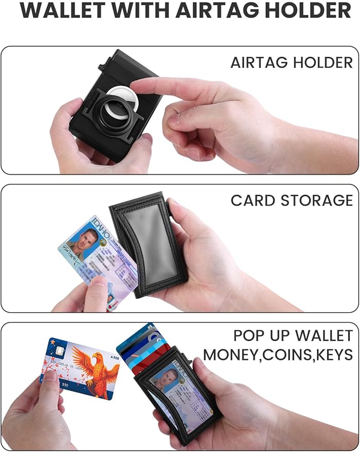 Slim Wallet for Men with ID Window,Pop Up Wallet with AirTag Holder, RFID Wallet for Men | Credit Card Holder with Elastic Pocket for Cash,Coins,Keys. Metal Wallets for Men,Men's Gifts