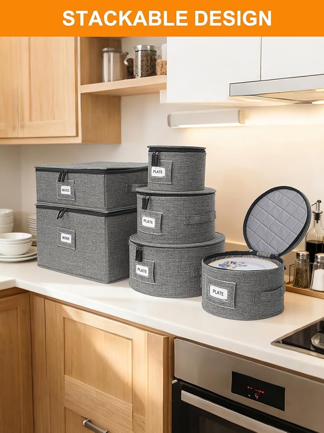 punemi 6-Piece China Storage Containers, Mug & Cup Organizer, Wine Glass Storage Boxes with Dividers & Carry Handles, Structured Moving Boxes for Dinnerware, Glassware, and Stemware,Grey