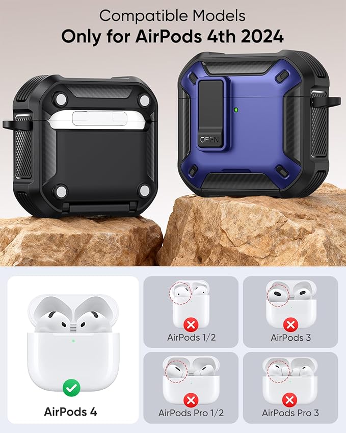 MoKo for AirPods 4 Case with Lock 2024 - Compatible with MagSafe, Phone Stand & Auto Pop-up for AirPods 4th Generation Case, Military-Grade Protective Cover with Cleaner Kit, Dark Blue+Black