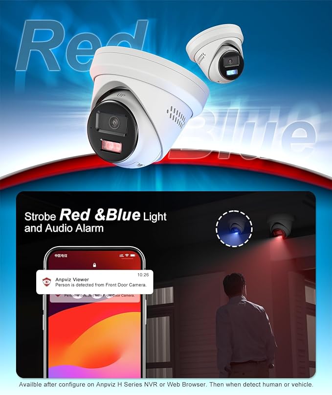 Anpviz 5MP PoE IP Camera, Strobe Red & Blue Light and Audio Alarm, Metal Turret Security Camera Outdoor, Two Way Audio, Smart Color Night Vision, Human Vehicle Detection, 2.8mm Lens, IP67 Waterproof
