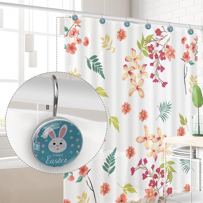 Easter Cute Bunny Rabbit Crystal Glass Shower Curtain Hooks for Bathroom Shower Rod, 12Pcs Round Home Decorative Shower Curtain Rings, Blue Bathroom Bedroom Living Room Accessories