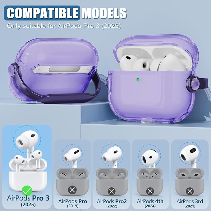 for Airpods Pro 3 Case,Safety Lock Cases for Apple Airpod Pro 3 (2025) with Phone Stand & Cleaner Kit,Drop Protection Air pods Pro3 Case Cover for Men Women with Keychain,Clear Purple