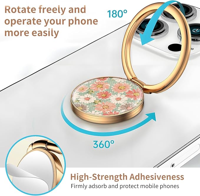 Cell Phone Ring Holder, Cute Metal Phone Grip Stand Finger Ring Kickstand, Flexible 360°Rotation Phone Tablet Case Accessories Compatible with Most Phones Retro Flowers