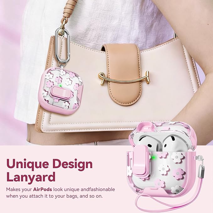with Safety Lock for Apple AirPods 4 Case,Clear Floral Cute AirPod 4th Generation Case with Phone Stand & Cleaning Kit for Women Girly-Flower