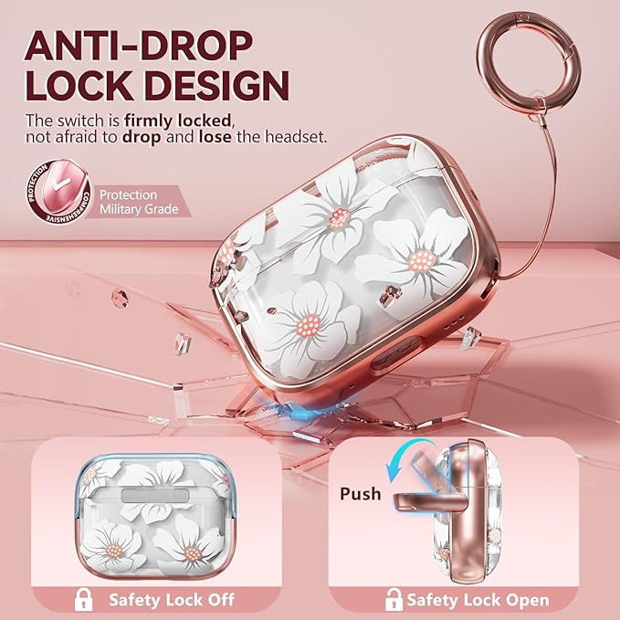 Inesore for AirPods Pro 3 Case 2025 with Lock, for Women Girly Floral Clear Case Compatible with Apple Airpods Pro 3rd Generation Cover, with Phone Stand,Keychain & Cleaner Kit -White Lily