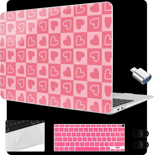 MEEgoodo for MacBook Air 13.3 inch Case 2021 2020 2019 2018 A2337 M1 A2179 A1932, Laptop Shell for MacBook Air M1 with Keyboard Webcam Cover & Trackpad Film & Type C Adapter,Hearts & Pink Checkered