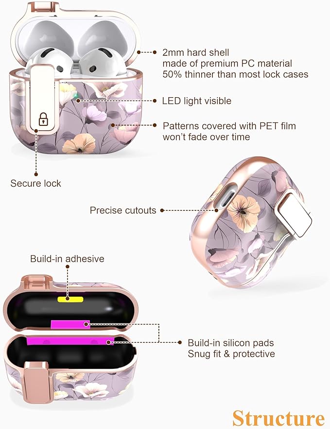 TATOFY Cover for AirPods Pro 4th Generation Case with Lock Clip Cleaner Kit Slim Hard AirPod 4 Lock Case Compatible with MagSafe (Gray Purple)
