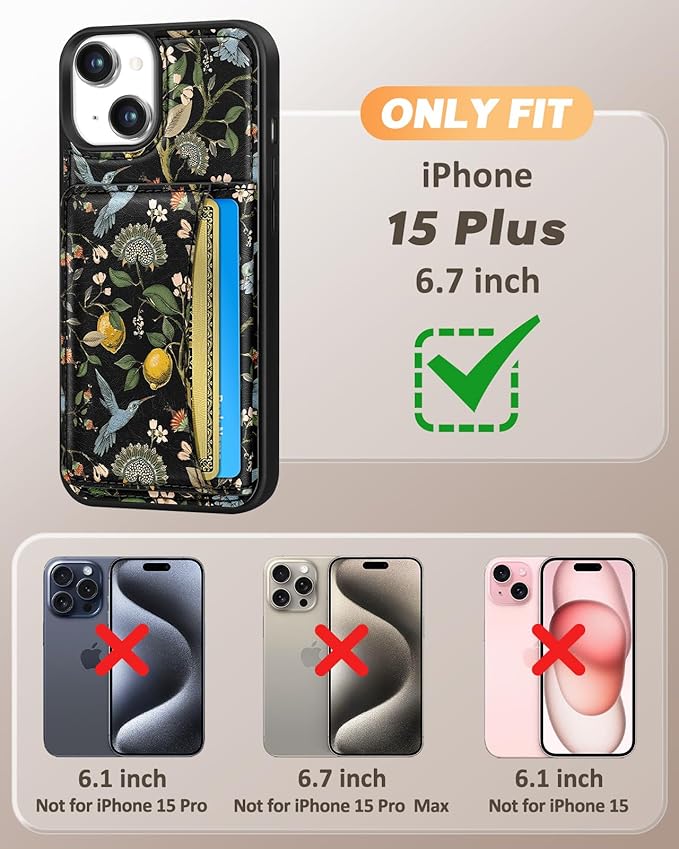 for iPhone 15 Plus Case with Wallet - Fits 4 Card Slots, Compatible with MagSafe for Women Aesthetic Durable PU Leather Credit Card Holder Kickstand Phone Cover for Apple 15 Plus, Lemon Bird