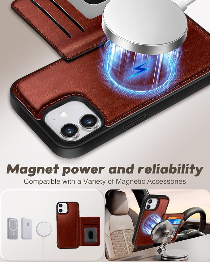 for iPhone 11 Case with Wallet - Fits 4 Card Slots, Compatible with MagSafe for Women Men Durable PU Leather Credit Card Holder Kickstand Phone Cover for Apple 11, Brown