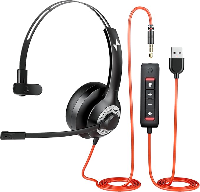 JIAMQISHI Single‑Ear USB Headset with Mic for PC,On-Ear Computer Laptop Headphones with Noise Cancelling Microphone in-line Control for Home Office Online Class (USB+3.5mm Single Ear Headset, Black)