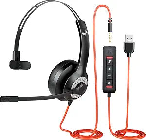 JIAMQISHI Single‑Ear USB Headset with Mic for PC,On-Ear Computer Laptop Headphones with Noise Cancelling Microphone in-line Control for Home Office Online Class (USB+3.5mm Single Ear Headset, Black)
