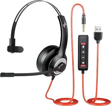 JIAMQISHI Single‑Ear USB Headset with Mic for PC,On-Ear Computer Laptop Headphones with Noise Cancelling Microphone in-line Control for Home Office Online Class (USB+3.5mm Single Ear Headset, Black)