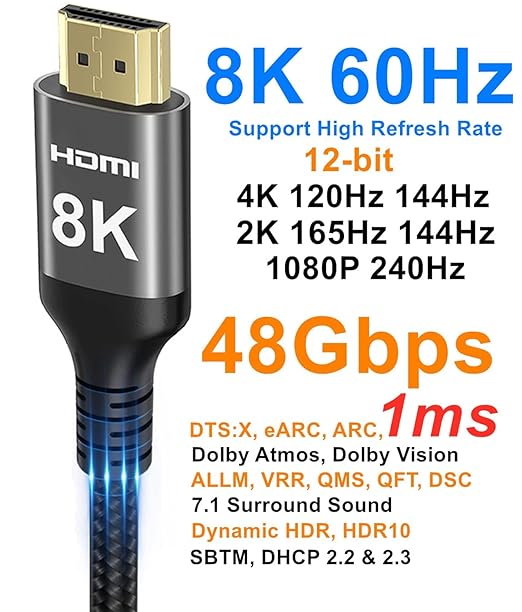 Ubluker 8K HDMI Cable 48Gbps 65 FT, Nylon Braided High Speed HDMI® Cable 4k 120Hz 2k 165Hz 8k 60Hz 12bit eARC ARC Dolby Atmos HDR10+ HDCP2.3 Compatible for Gaming PC TV Soundbar Monitor Mac PS5 Xbox
