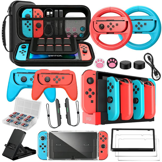 Accessories Bundle for Nintendo Switch 1/OLED, OUNFNOE 19-IN-1 Kits for Switch OLED Accessories, Carrying Case, Controller Charging Dock, Joy-Con Thumb Grips, Tempered Screen Protector, Steering Wheels for Mario Kart, Protective Console Cover