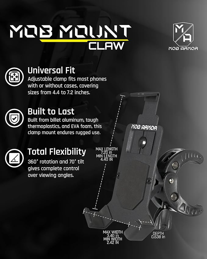 Mob Armor Mob Mount Claw with 360° Rotation - Universal Phone Mounting Clamp for Motorcycle, Car, Boat - Christmas, White Elephant for Men, Dad, Boyfriend & Husband