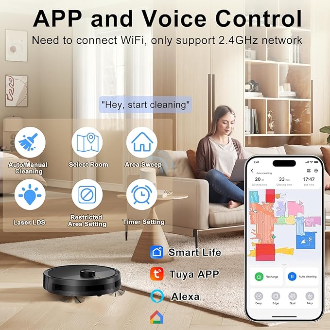 2025 Robot Vacuum Cleaner Intelligent Laser Navigation Rapid Mapping 120-Minute Battery Life Personalised Cleaning Settings Powerful Suction Pet Hair Removal Suitable for All Floor Types-Black