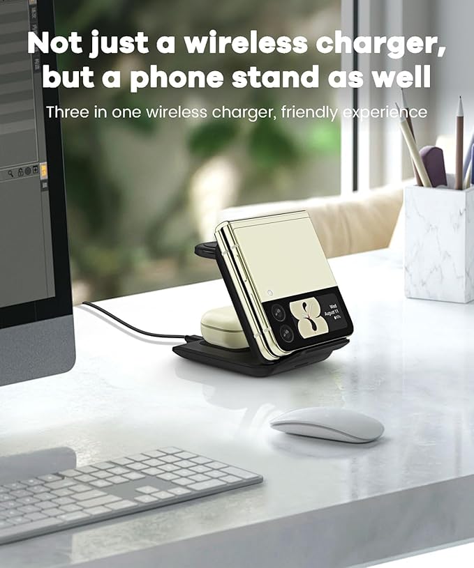 Samsung Galaxy Z Flip 3-in-1 Wireless Charging Station - Foldable 15W Fast Travel Charger Stand for z Flip 7/6/5/4/3, Razr+, Galaxy Watch & Buds 3/2 Pro/Live | PD20W Adapter Included | Black