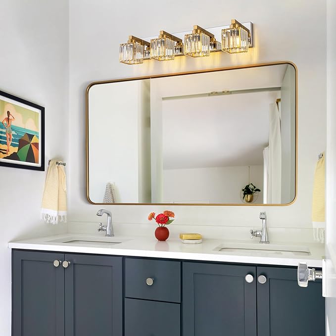 Crystal Bathroom Vanity Light Gold Chrome 4-Light Modern Chrome Vanity Light for Bathroom Square Wall Sconce