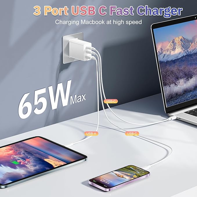 iSeekerkit 65W USB C Charger Block, 3 Ports Fast Charging Block 2-USB-C+USB-A Wall Plug, GaN PD/PPS Charging Station for MacBook, iPad Pro, iPhone 16/15 Series, Galaxy S25/24, Piexl 7