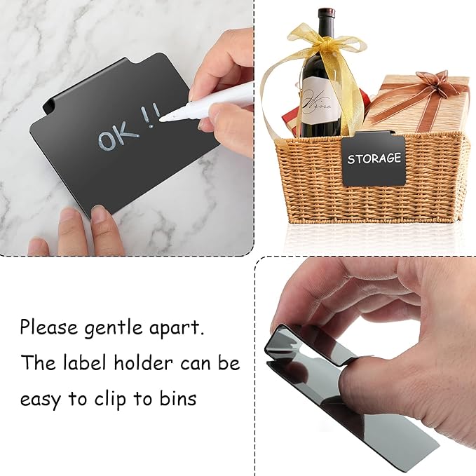 Chinco 25 Pieces Basket Labels Clips Removable Bin Tags Includes 18 Kitchen Bin Label Holders PVC Clip Basket Tags with 2 Chalk Markers and 5 Sheets Chalkboard Tags for Organization(Black Board)
