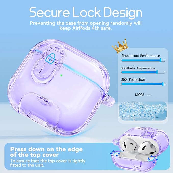 Clear Case for AirPods 4 Case Cover with Safety Lock,Soft TPU Cover with Phone Stand & Cleaning Kit,Cute Bling Keychain for Women Girls-Clear Purple