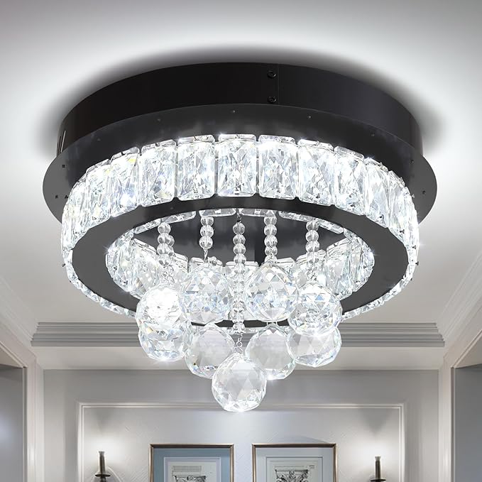 Dia 12" Mini Chandelier Flush Mount Chandelier for Hallway, Crystal Ceiling Chandeliers for Dining Room, Bedroom, Living Room, Entryway, Kitchen (Black Ceiling Light Fixture)