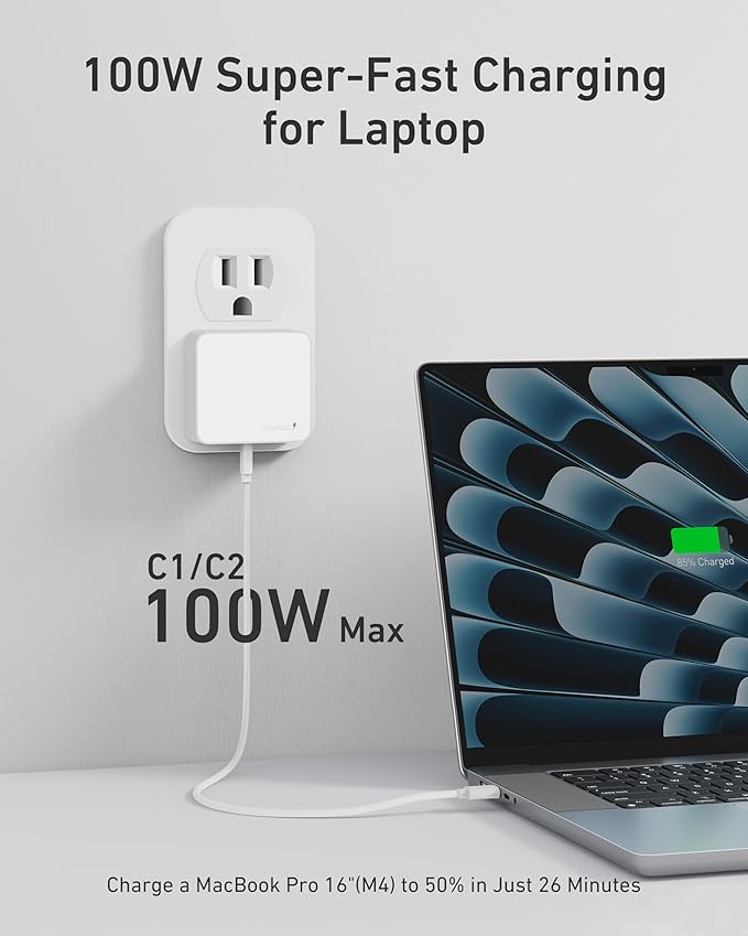 Nekmit 100W Flat USB C Charger Block, 3-Port GaN Fast Wall Charger(2*USB-C & 1*USB-A), USB C Wall Plug with Fixed Prongs for iPhone 17/16, MacBook Pro/Air, iPad, Galaxy and More (White, 100W)