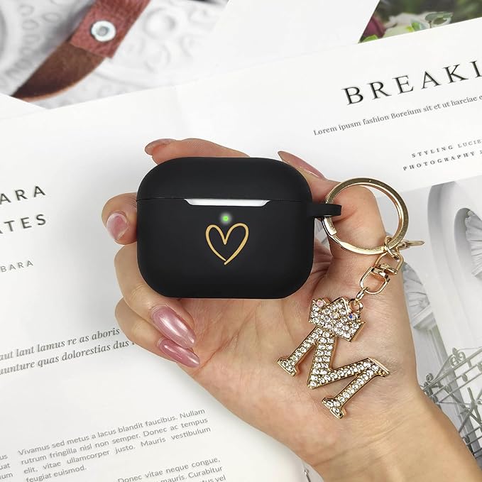 Compatible with AirPods Pro 3 Case Cover (2025), Soft Silicone Case with Gold Heart Pattern for AirPods Pro 3rd Generation Case with Rhinestone Studded Letter A-Z Keychain (M Black)