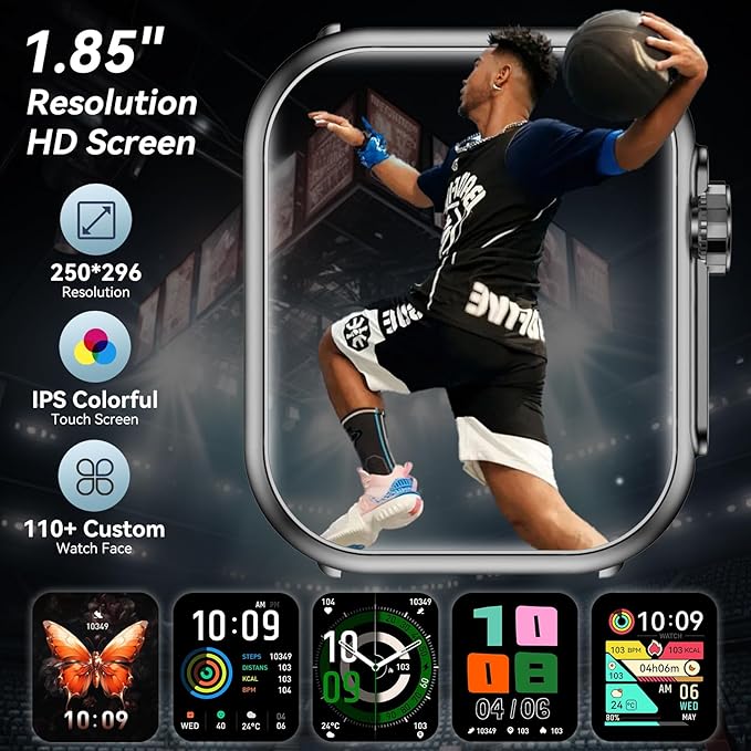 Smart Watch for Men Women with 100-Day Standby, Bluetooth Calls, 1.85" HD Fitness Tracker with 110+ Sport Modes, IP68 Waterproof, 24/7 Heart Rate/Sleep Monitor, Compatible with Android/iOS (Black)