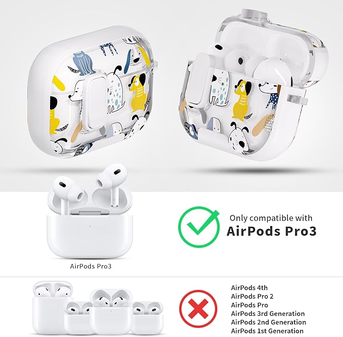 for AirPods Pro 3 Case(2025) with Secure Lock Clip and Phone Stand,Floral Girly Style Protective Cover with Cleaning Kit and Hand Strap for Apple AirPod Pro 3 Generation (White Dog)