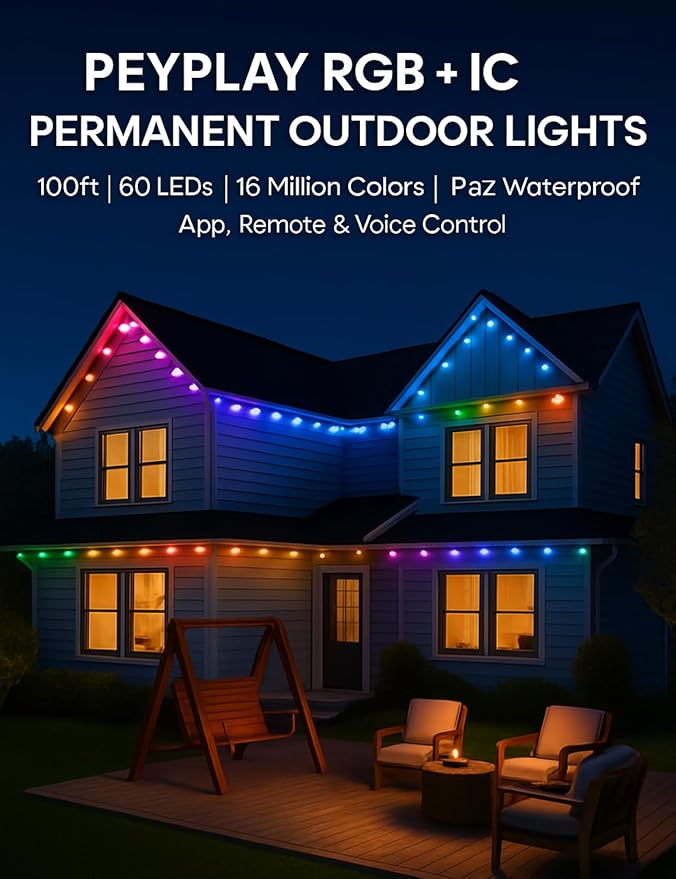 50ft Permanent Outdoor Lights, 60 RGB+IC Smart LEDs, 75 Scene Modes, IP67 Waterproof, App & Voice Control (Alexa & Google Assistant), DIY Colors, Music Sync, Holiday Lighting Scenes (50ft)