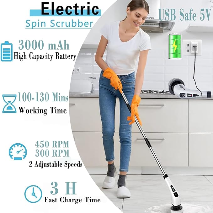 Electric Spin Scrubber,Cordless Cleaning Brush Set 3-in-1 Adjustable Detachable Exten Handle,2 Speeds,Handheld Shower Scrubber & 9 Replaceable Brush Head,2024 New Power Dirt Brush for Kitchen,Bathroom