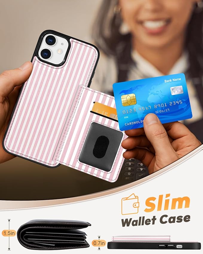 for iPhone 11 Case with Wallet - Fits 4 Card Slots, Compatible with MagSafe for Women Aesthetic Durable PU Leather Credit Card Holder Kickstand Phone Cover for Apple 11, Stripe